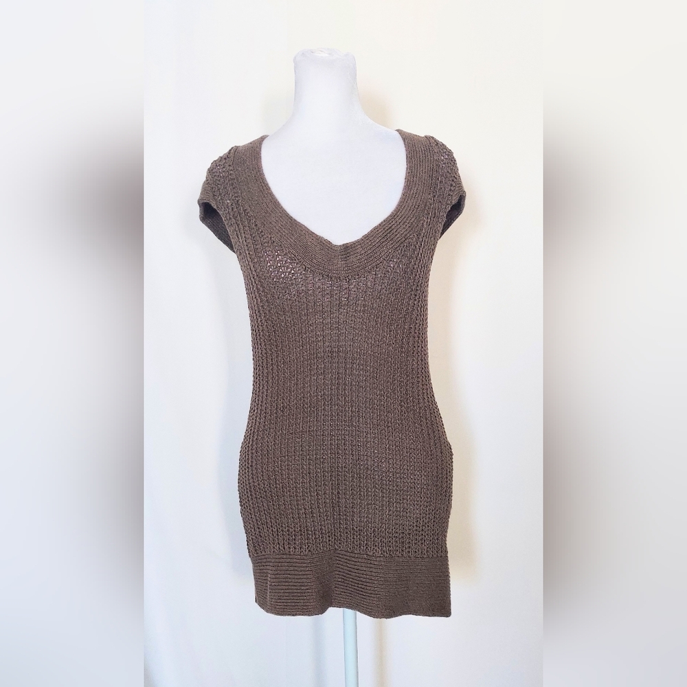 Calvin Klein Linen Blend Cap Sleeve Crochet Mini Dress Brown Size Medium